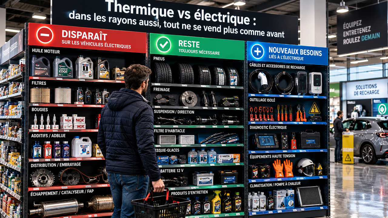 Rayons de centre auto organisés en trois zones : produits thermiques qui disparaissent sur un VE, produits qui restent et nouveaux besoins liés à l’électrique.
