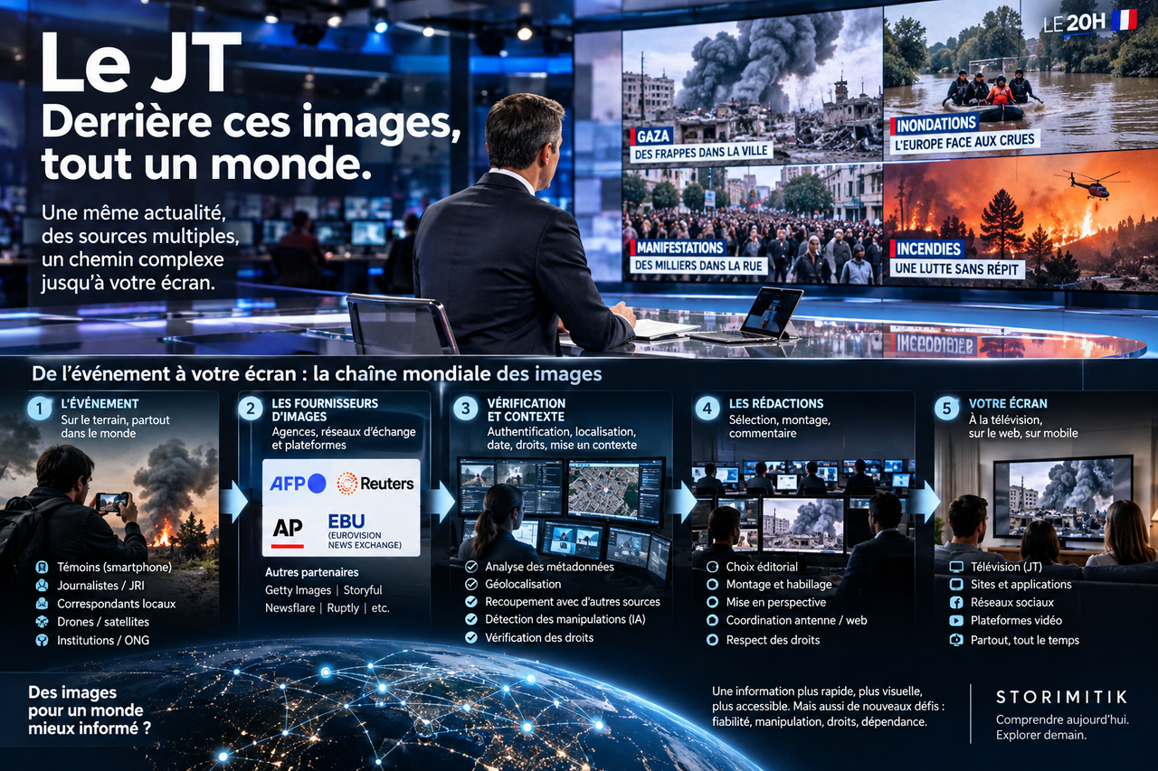 Infographie montrant la chaîne mondiale des images d’actualité : événement, fournisseurs d’images comme les agences et réseaux d’échange, vérification, rédaction puis diffusion au public.