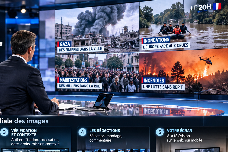 Illustration d’un plateau de journal télévisé avec un présentateur face à un grand mur d’images d’actualité.