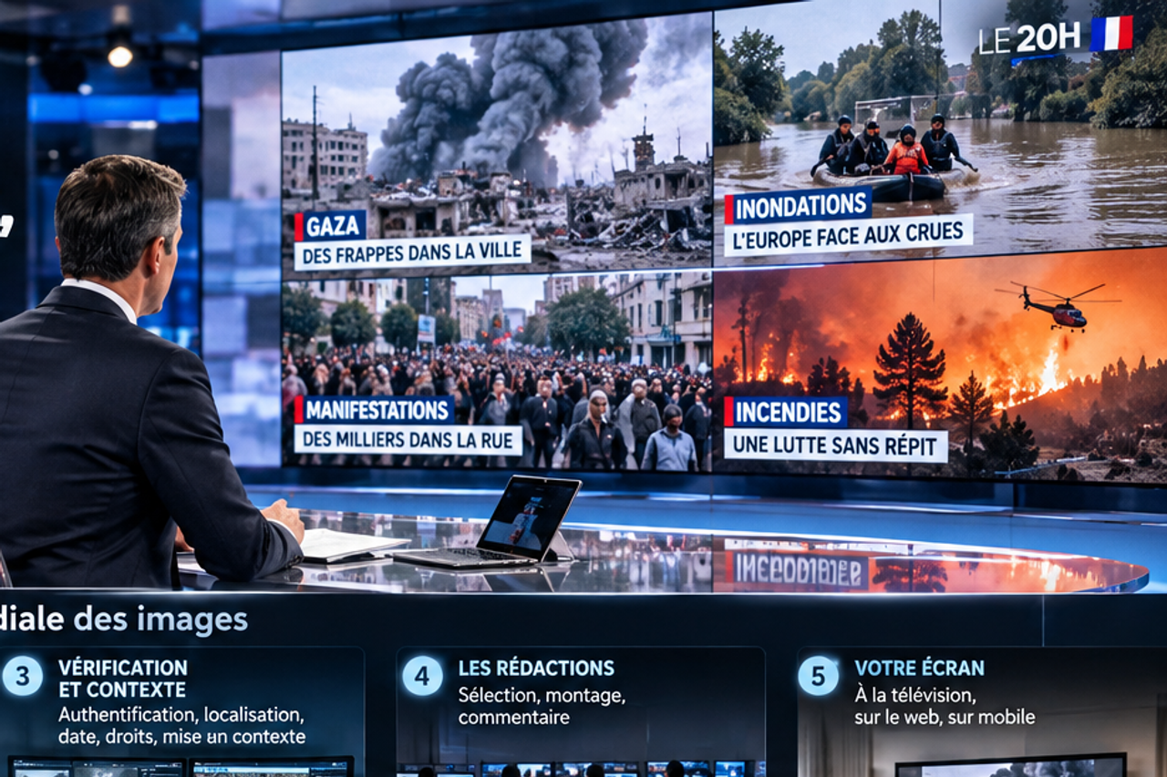 Illustration d’un plateau de journal télévisé avec un présentateur face à un grand mur d’images d’actualité.