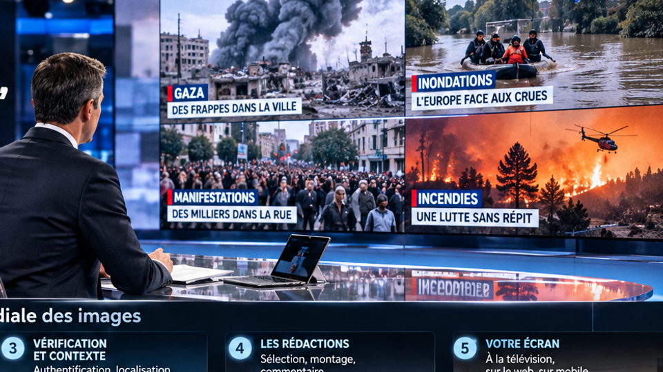Illustration d’un plateau de journal télévisé avec un présentateur face à un grand mur d’images d’actualité.