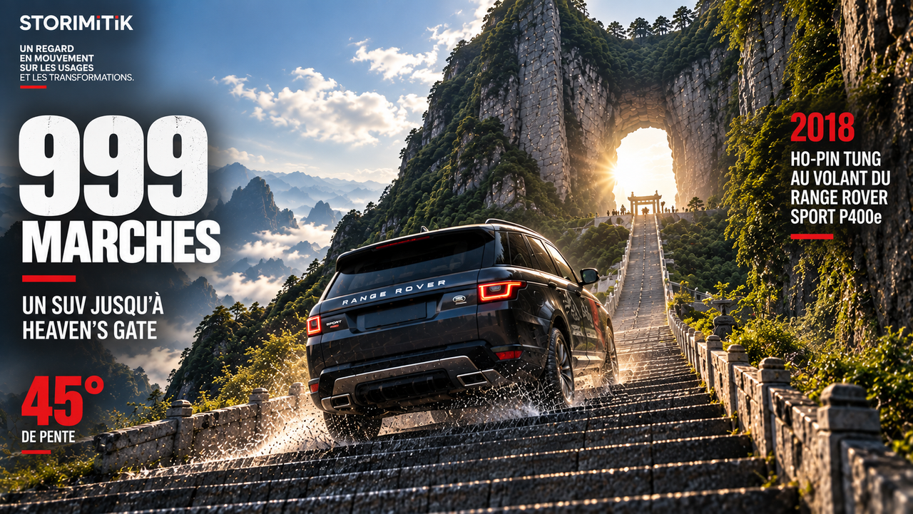Reconstitution éditoriale d’un Range Rover Sport P400e gravissant les 999 marches de Tianmen Mountain en direction de Heaven’s Gate.