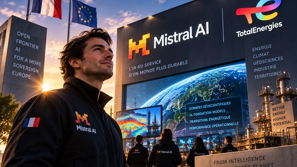 Illustration conceptuelle mettant en scène Mistral AI et TotalEnergies dans un environnement industriel et géoscientifique européen.