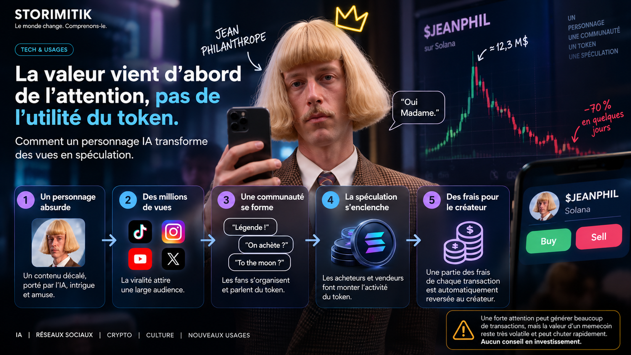 Illustration éditoriale STORIMITIK montrant le passage d’un personnage IA viral à une communauté, puis à la spéculation et aux commissions.