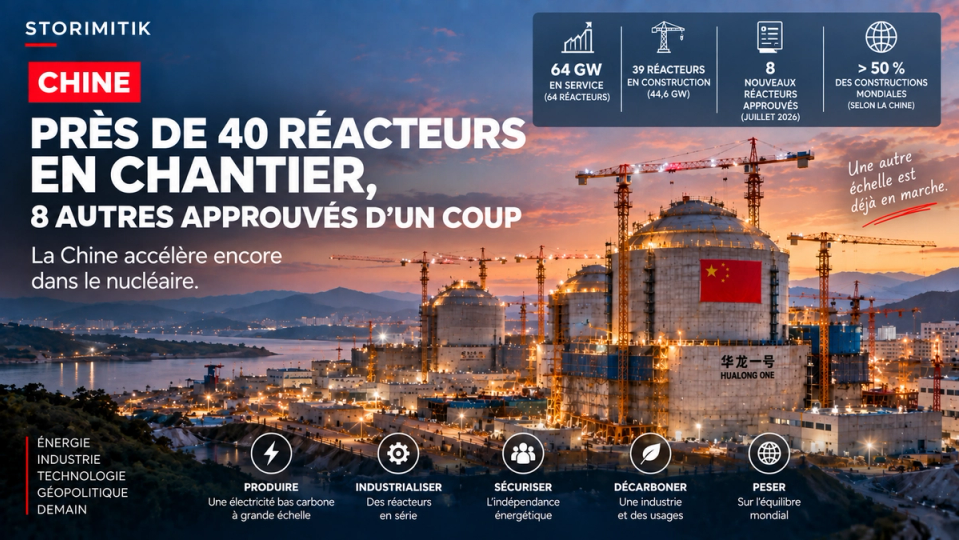 Illustration STORIMITIK d’un vaste chantier nucléaire chinois au crépuscule, représentant près de 40 réacteurs en construction dans le pays.
