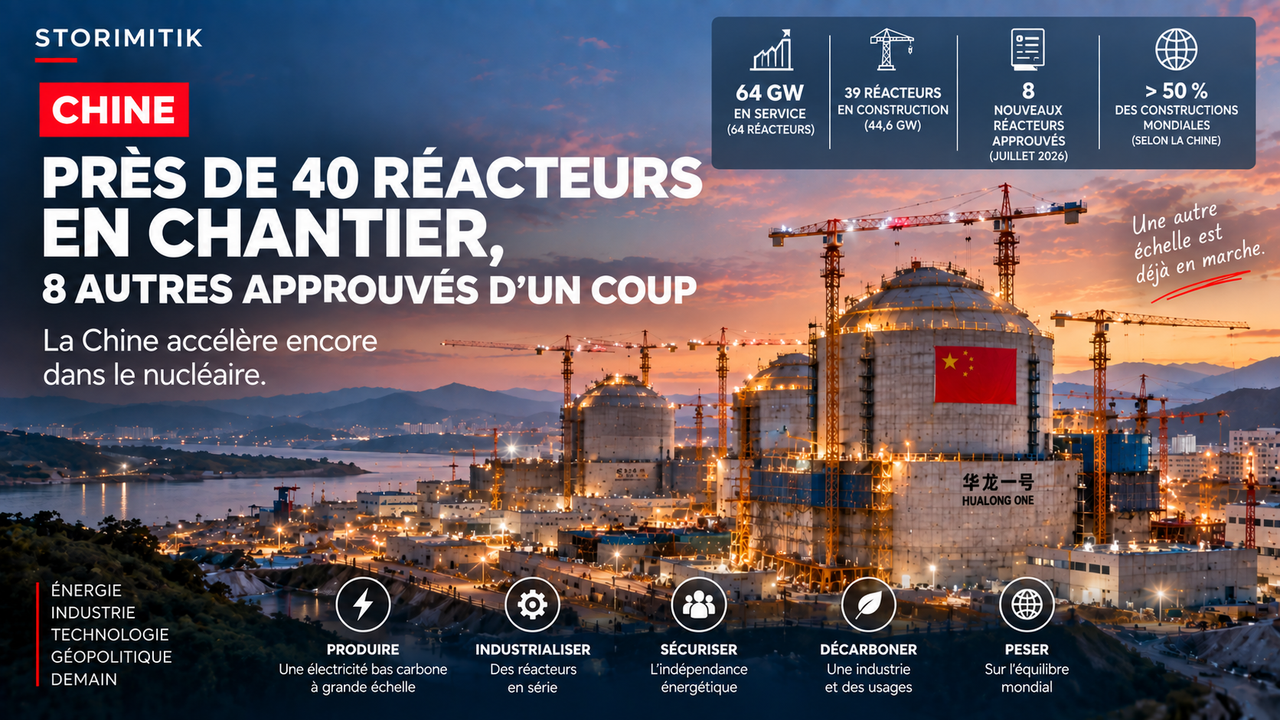 Illustration STORIMITIK d’un vaste chantier nucléaire chinois au crépuscule, représentant près de 40 réacteurs en construction dans le pays.