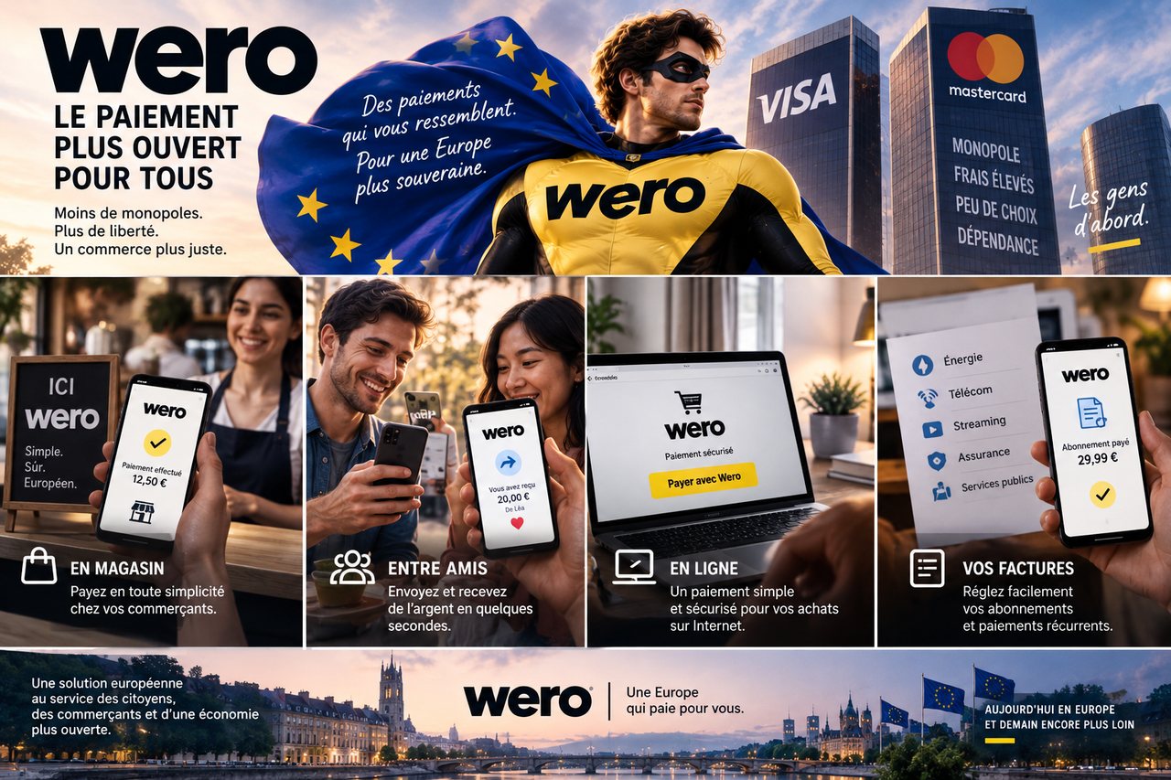 Illustration montrant plusieurs situations possibles d’utilisation de Wero : magasin, transfert entre particuliers, achat en ligne et paiement récurrent.