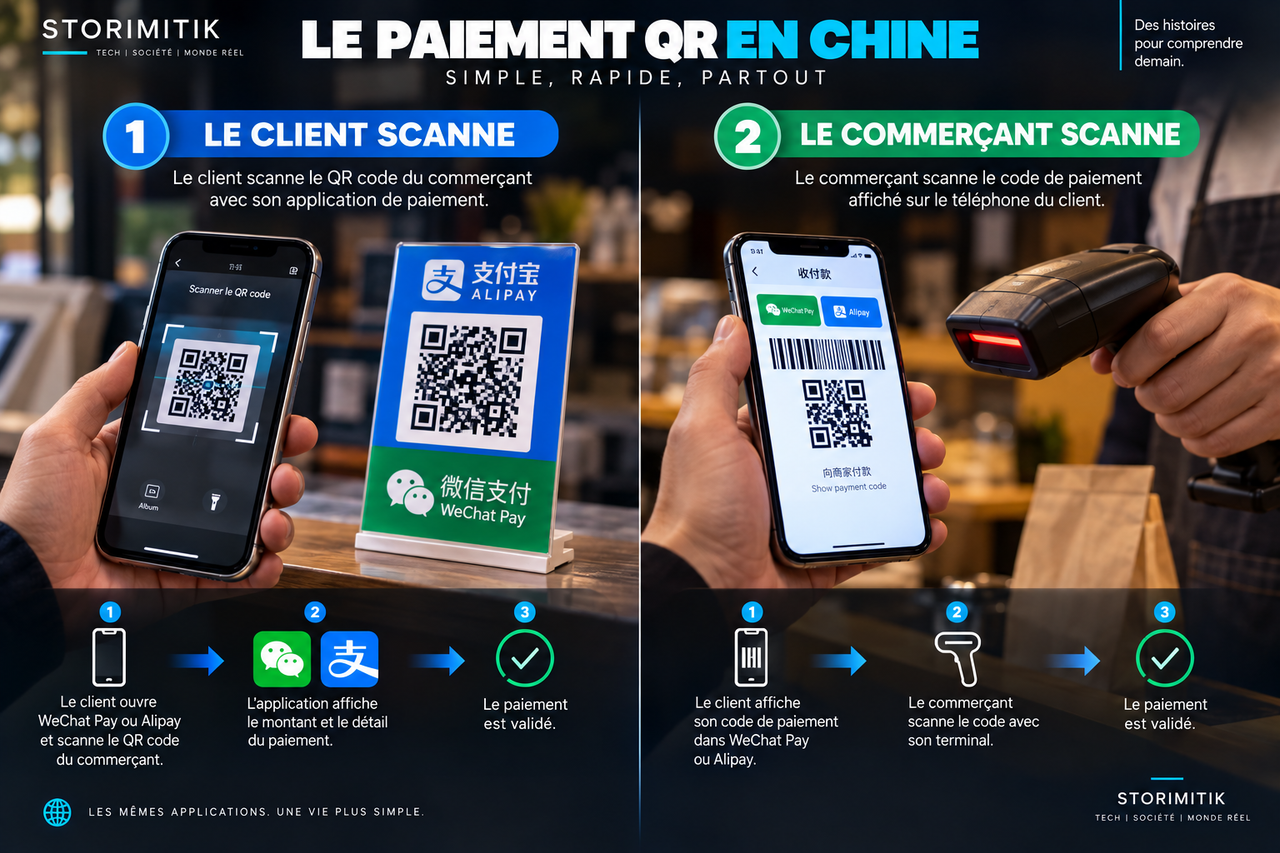 Infographie STORIMITIK montrant les deux parcours courants de paiement QR en Chine : le client scanne le QR du commerçant ou le commerçant scanne le code affiché par le client.
