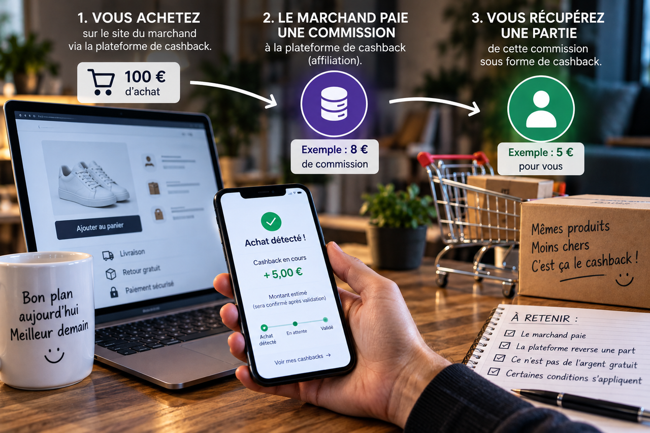 Illustration conceptuelle d’un achat détecté par une plateforme de cashback avec commission et remboursement en attente de validation.