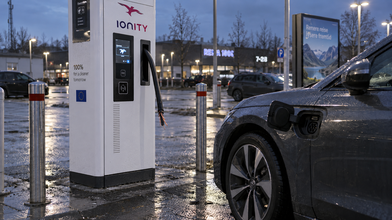 Reconstitution éditoriale d’une borne de recharge électrique intacte dont le câble a été sectionné, avec cuivre visible, sur un parking humide.