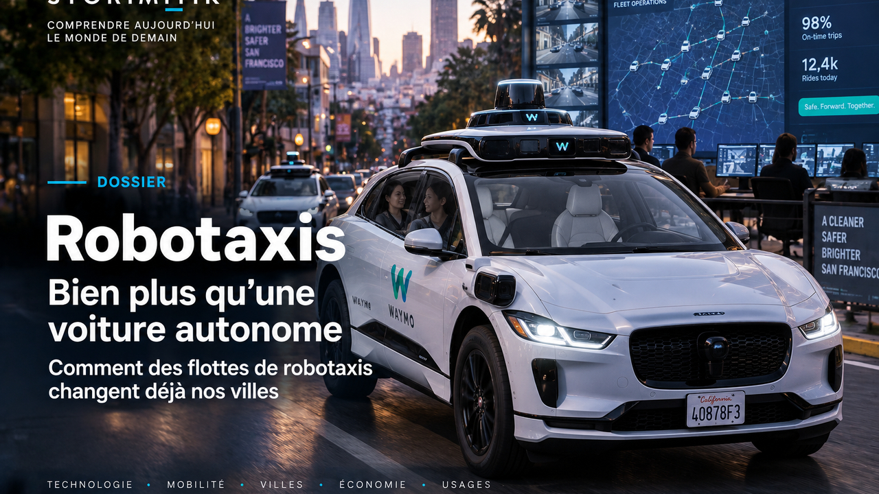 Illustration éditoriale STORIMITIK d’un robotaxi sans conducteur intégré à une flotte supervisée.