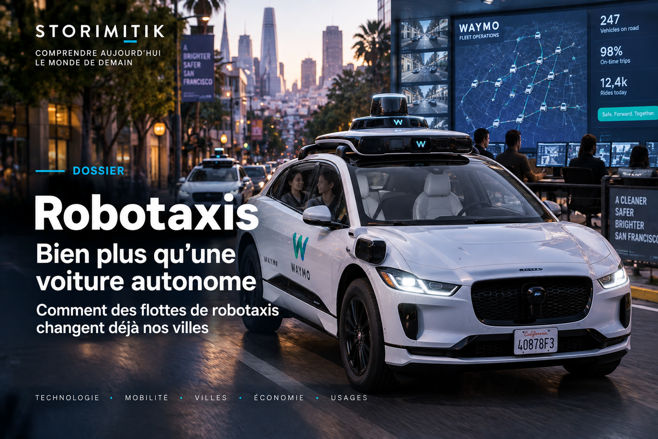 Illustration éditoriale STORIMITIK d’un robotaxi sans conducteur intégré à une flotte supervisée.