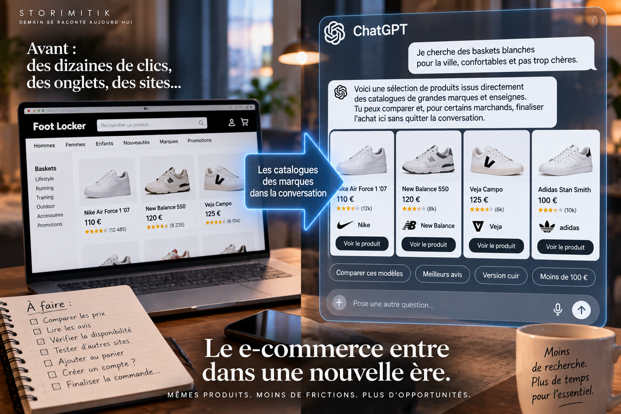 Illustration conceptuelle montrant le passage d’un site e-commerce traditionnel à une sélection de produits intégrée dans une conversation IA.