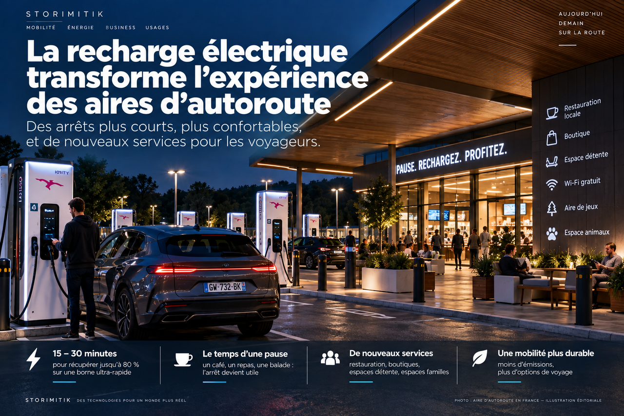 Illustration éditoriale d’une aire d’autoroute équipée de recharge ultra-rapide et de nombreux services pour les voyageurs.