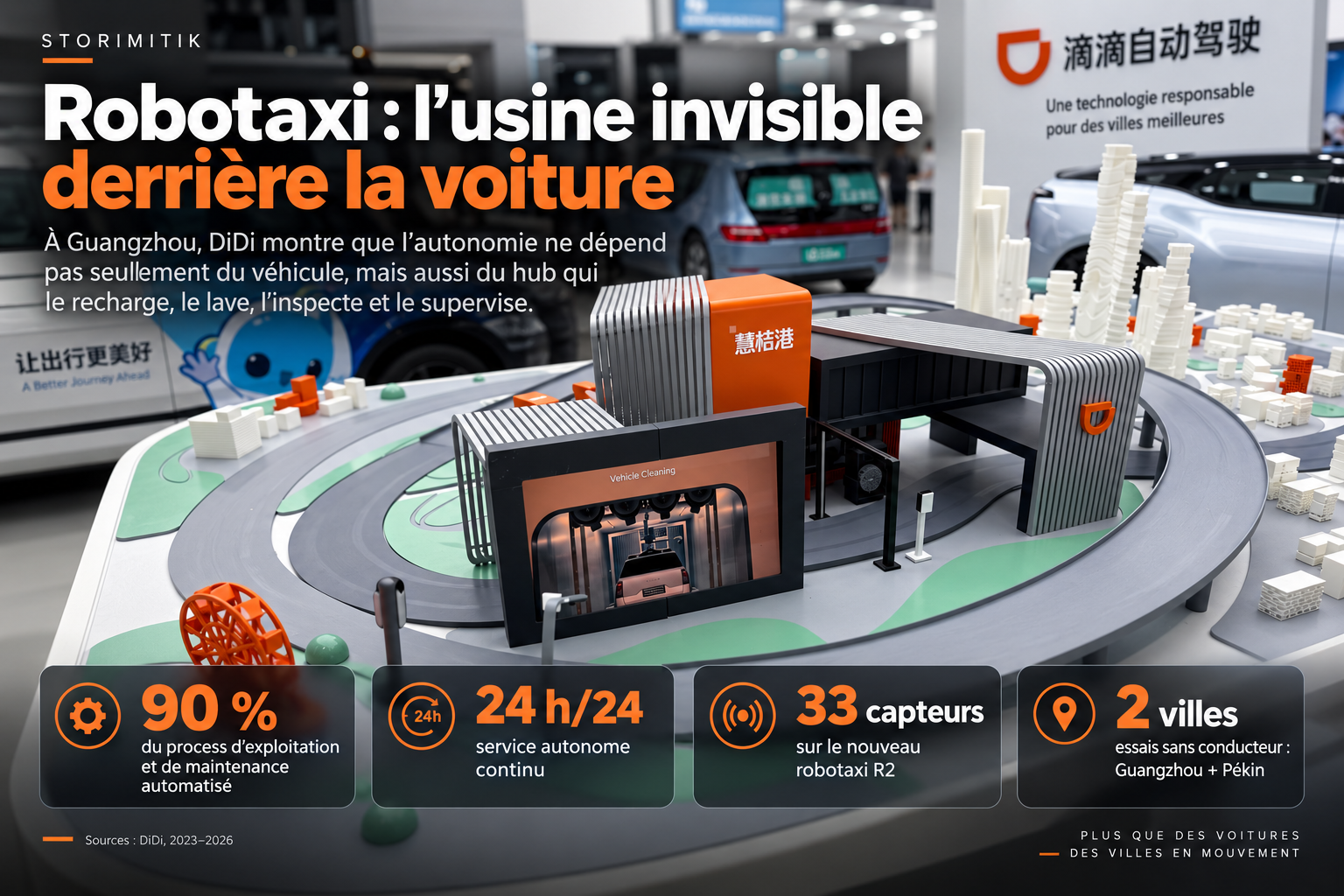 Illustration STORIMITIK montrant la maquette du hub DiDi Autonomous Driving et plusieurs chiffres clés de son écosystème robotaxi.