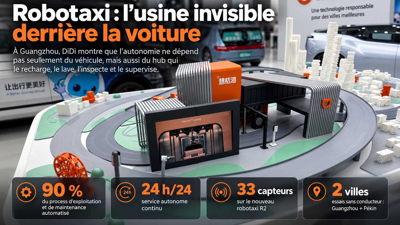 Illustration STORIMITIK montrant la maquette du hub DiDi Autonomous Driving et plusieurs chiffres clés de son écosystème robotaxi.
