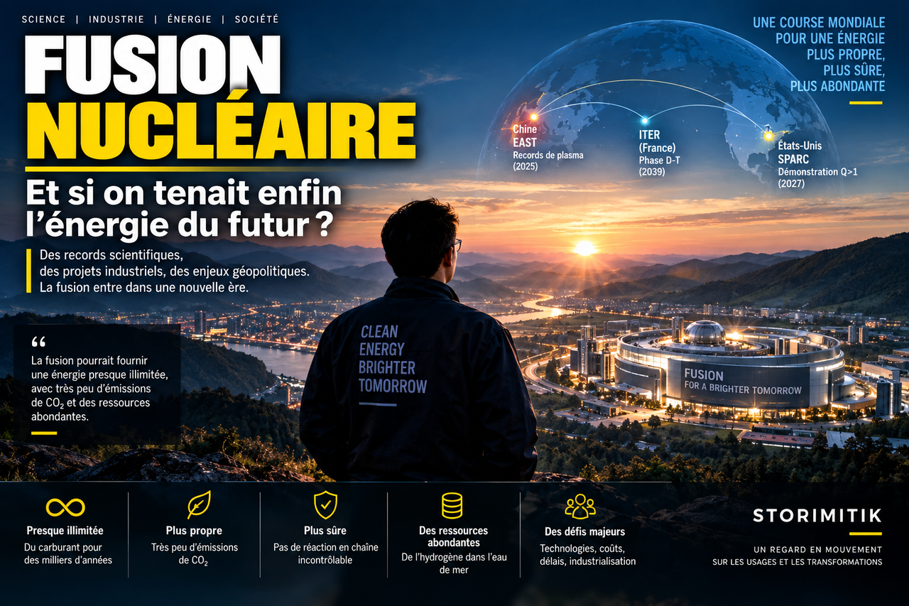 Illustration éditoriale STORIMITIK représentant la fusion nucléaire comme une course mondiale vers une future infrastructure énergétique, avec Chine, Europe et États-Unis.