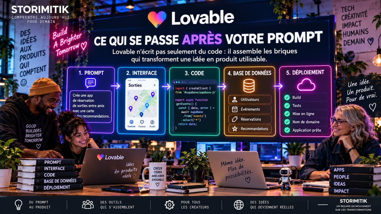 Illustration conceptuelle montrant le pipeline Lovable, du prompt jusqu’à l’interface, au code, à la base de données et au déploiement.