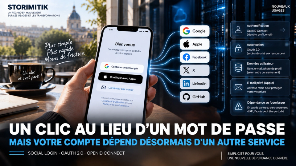 Illustration éditoriale STORIMITIK montrant un écran de social login avec Google, Apple et d’autres fournisseurs, relié aux mécanismes d’authentification et d’autorisation.