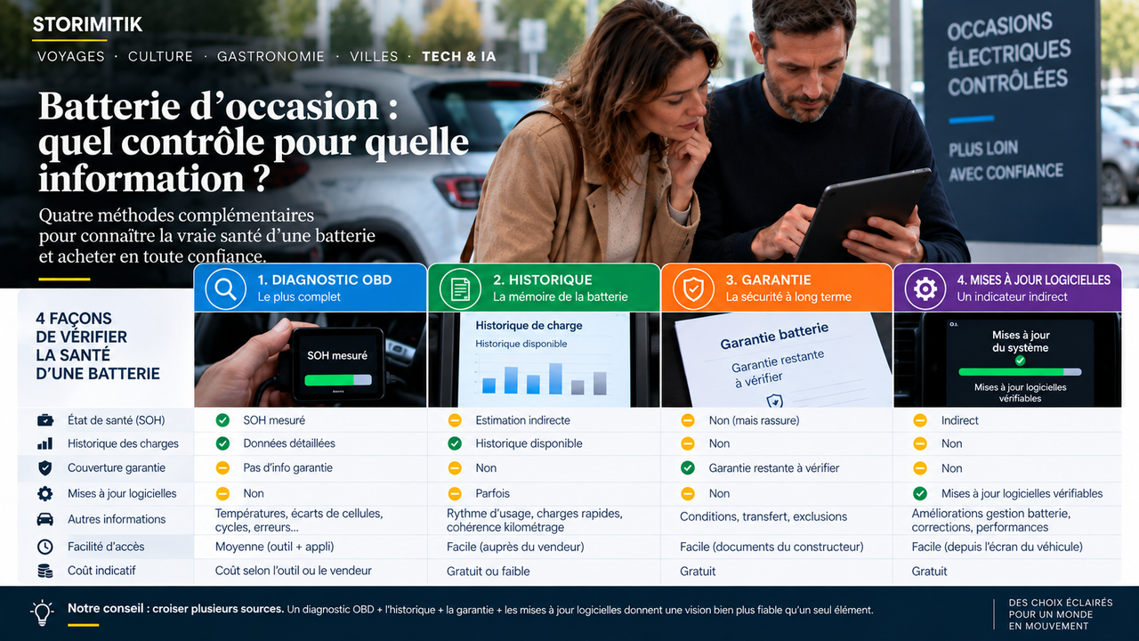 Comparatif STORIMITIK des différentes sources d’information pour évaluer une batterie de voiture électrique d’occasion.