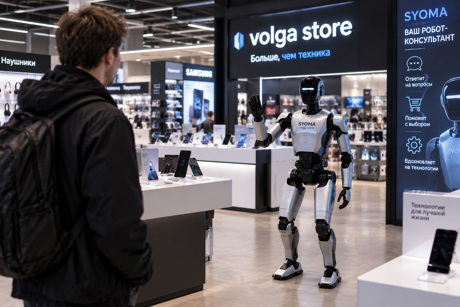 Illustration éditoriale d’un robot humanoïde dans un magasin d’électronique face à un client.