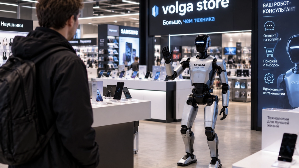 Illustration éditoriale d’un robot humanoïde dans un magasin d’électronique face à un client.