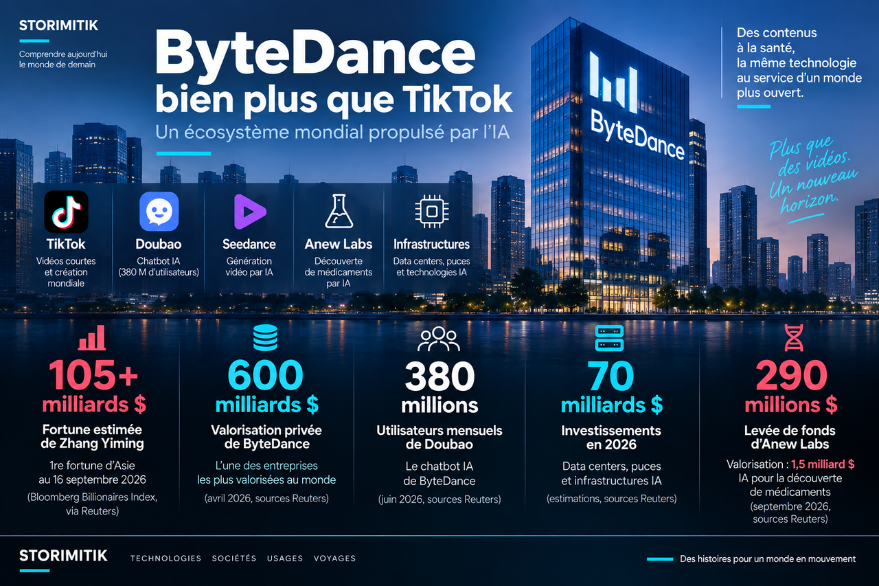 Infographie STORIMITIK présentant les chiffres clés de ByteDance et de son développement dans l’intelligence artificielle.