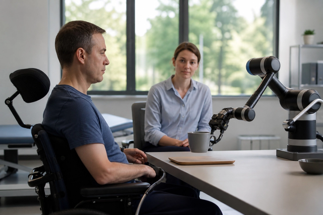 Illustration générée par IA : personne en rééducation utilisant un bras robotisé avec une soignante à proximité.