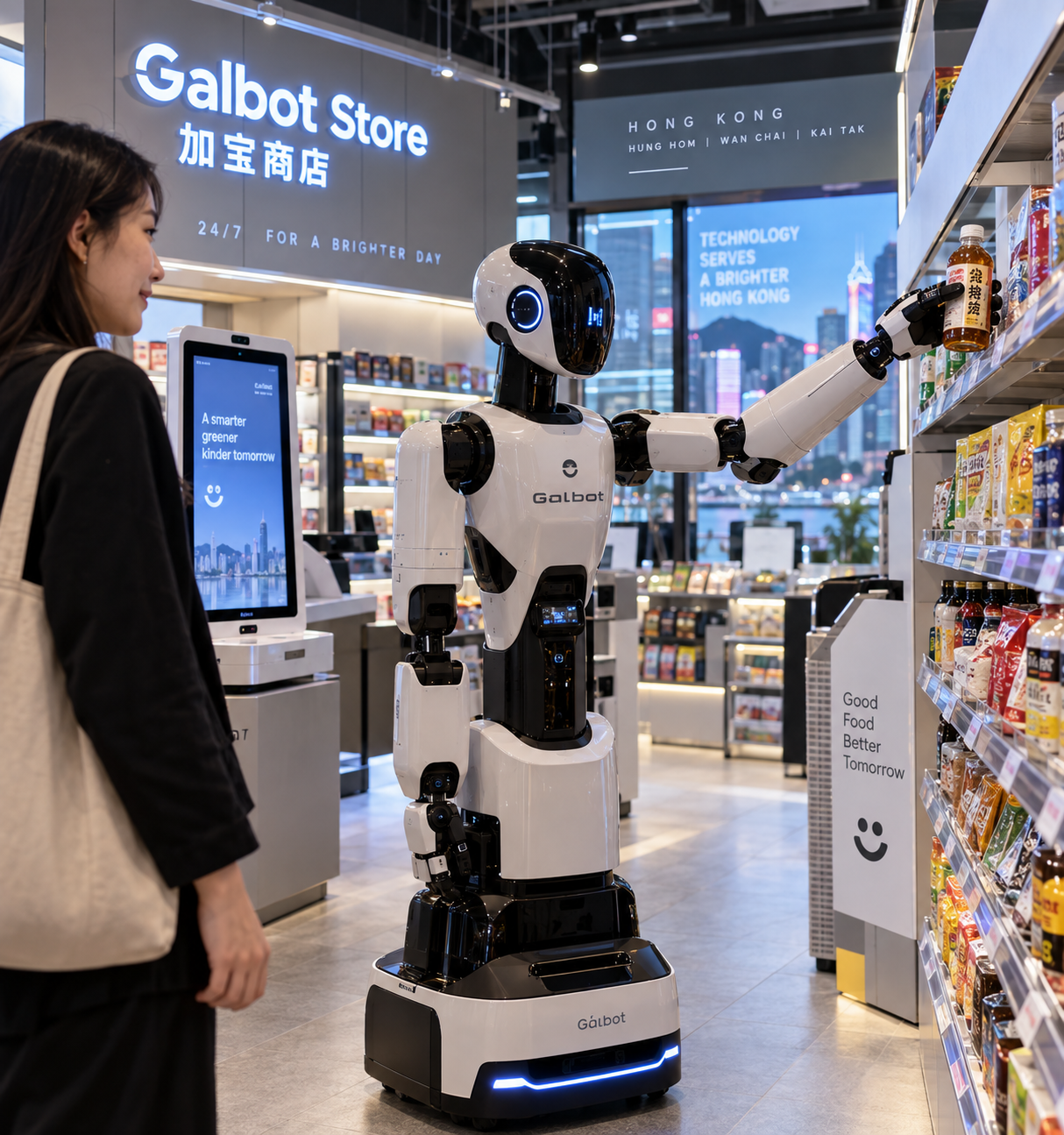 Illustration éditoriale d’un robot Galbot récupérant une boisson dans une supérette automatisée à Hong Kong.