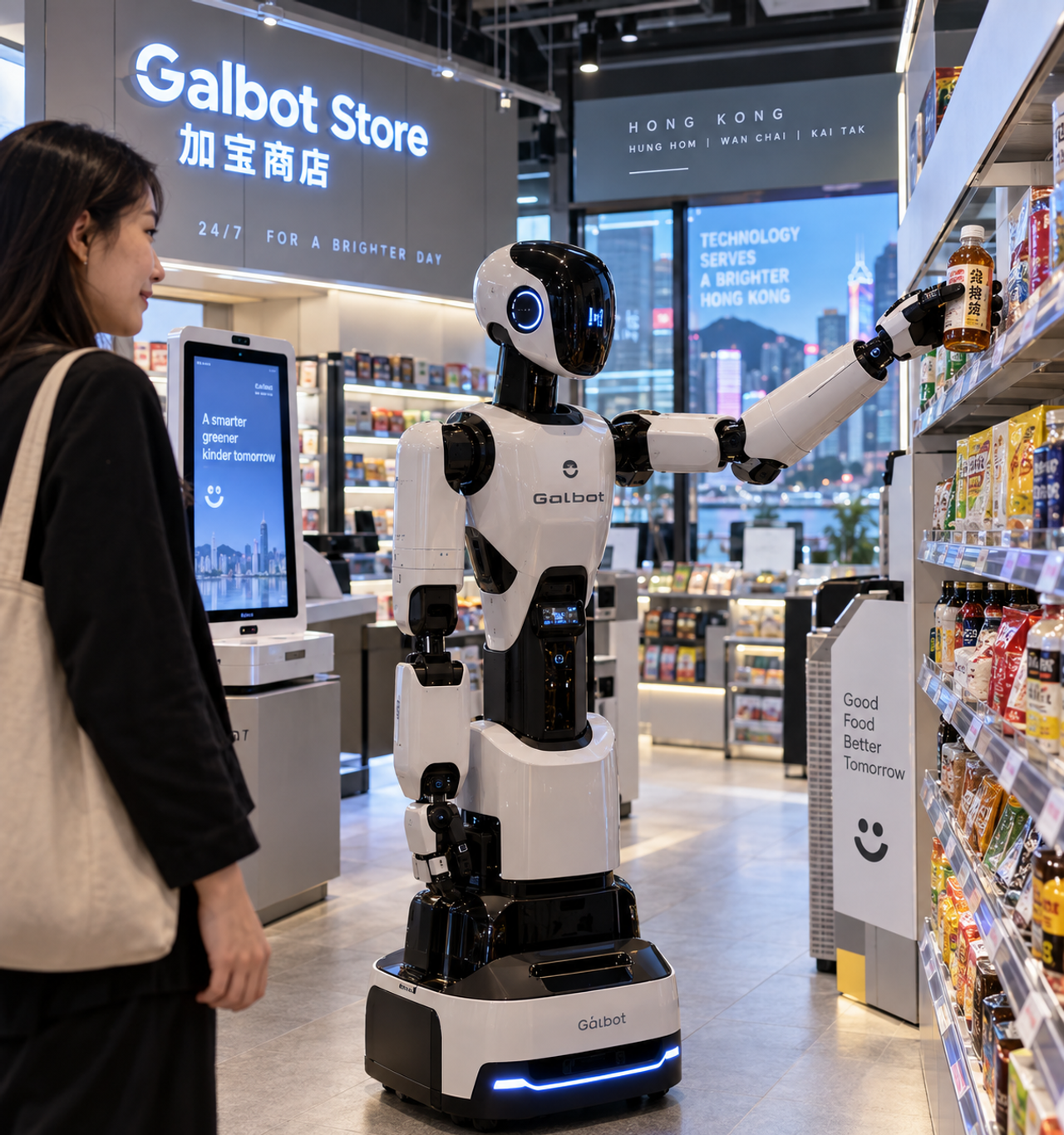 Illustration éditoriale d’un robot Galbot récupérant une boisson dans une supérette automatisée à Hong Kong.