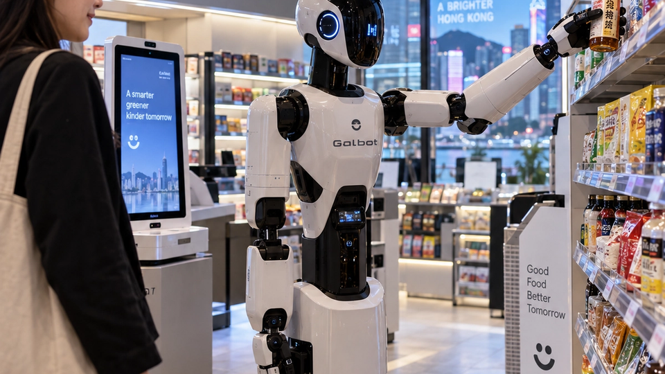 Illustration éditoriale d’un robot Galbot récupérant une boisson dans une supérette automatisée à Hong Kong.