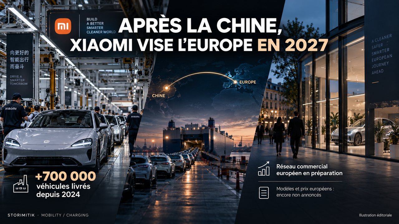 Illustration éditoriale STORIMITIK montrant l’industrialisation automobile de Xiaomi en Chine et la préparation de son entrée européenne en 2027.