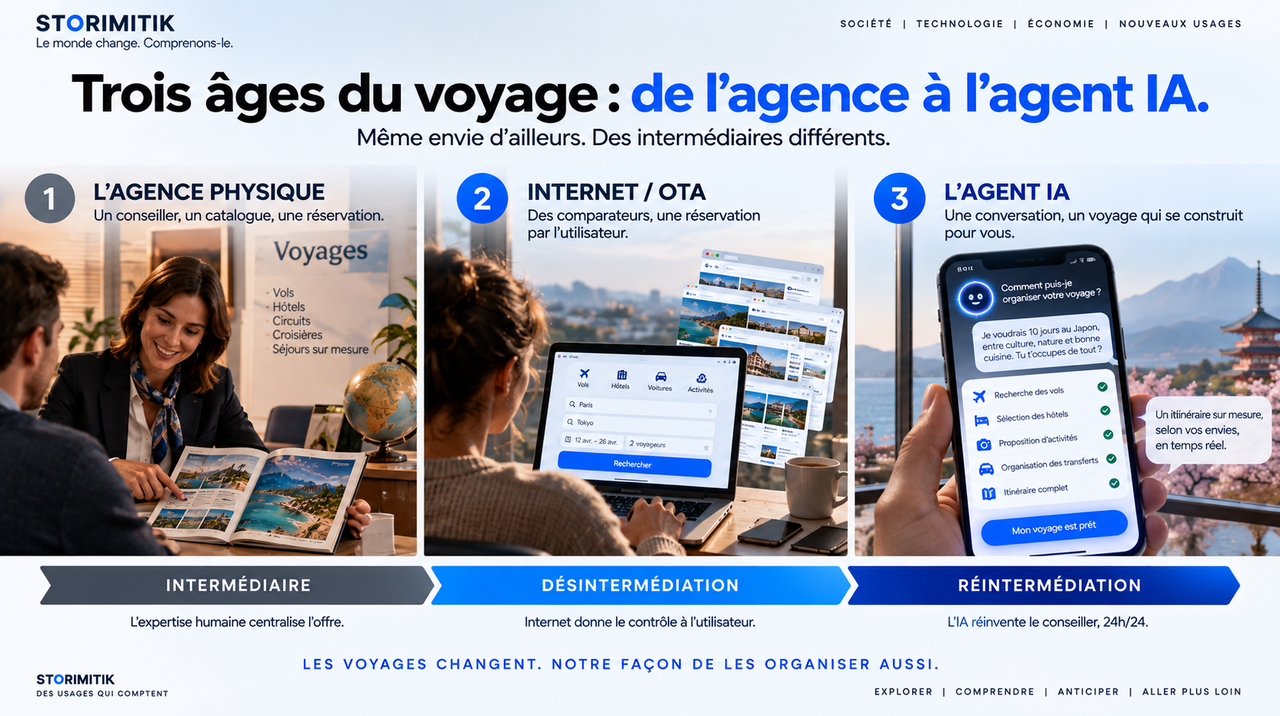 Infographie STORIMITIK montrant trois âges du voyage : agence physique, Internet et OTA, puis agent IA.