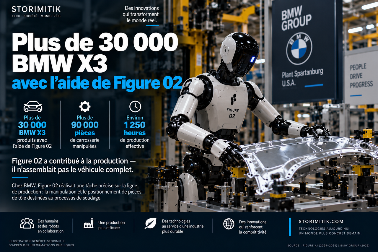 Illustration STORIMITIK de Figure 02 manipulant une pièce de tôle dans une usine BMW.