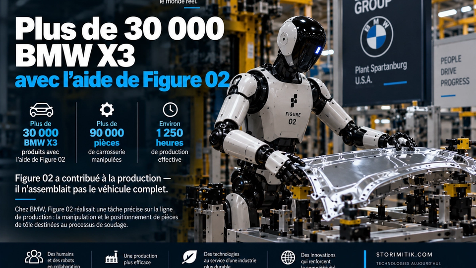 Illustration STORIMITIK de Figure 02 manipulant une pièce de tôle dans une usine BMW.