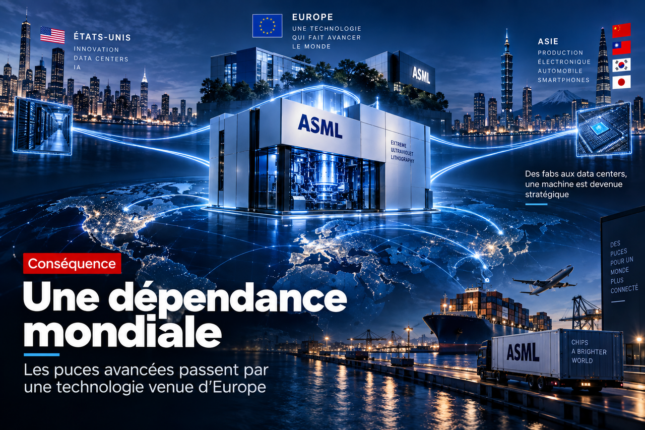 Illustration STORIMITIK montrant ASML au centre d’un écosystème mondial reliant Europe, États-Unis et Asie autour des puces avancées.