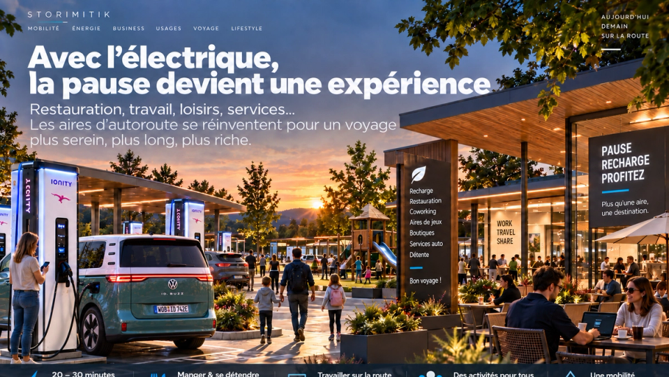 Illustration éditoriale d’une aire d’autoroute moderne avec Volkswagen ID. Buzz en recharge, restauration, coworking et espaces de détente.