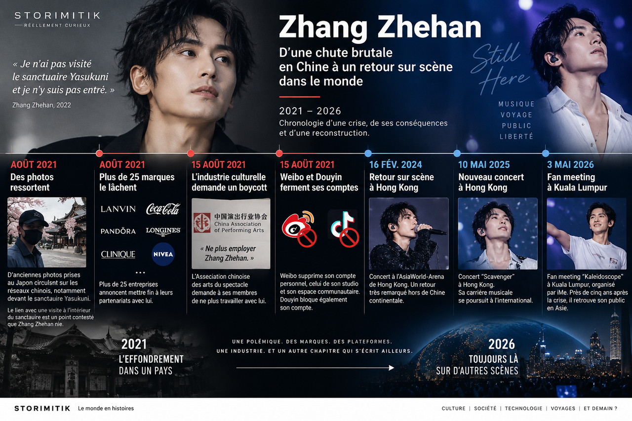 Infographie STORIMITIK retraçant les principales étapes de l’affaire Zhang Zhehan de 2021 à 2026.