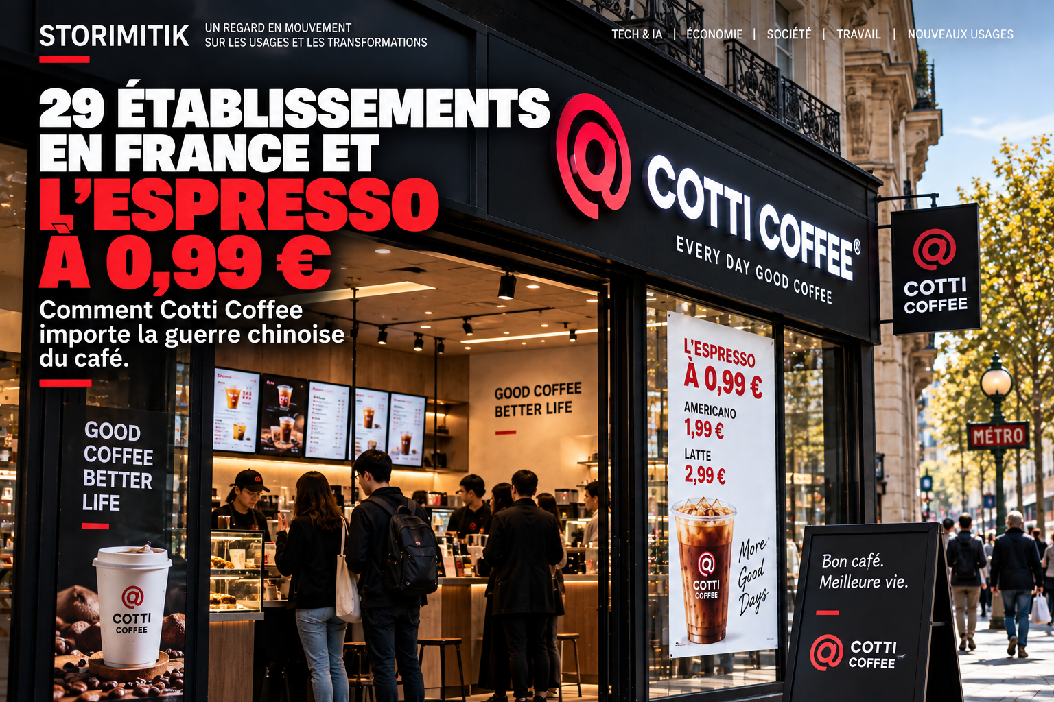 Illustration éditoriale STORIMITIK d’un point de vente Cotti Coffee dans un environnement urbain parisien.