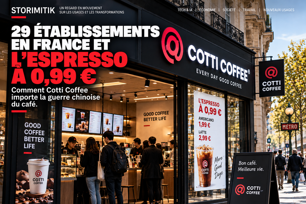 Illustration éditoriale STORIMITIK d’un point de vente Cotti Coffee dans un environnement urbain parisien.