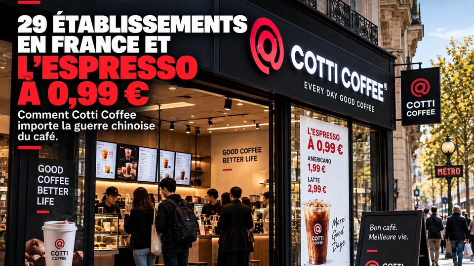 Illustration éditoriale STORIMITIK d’un point de vente Cotti Coffee dans un environnement urbain parisien.