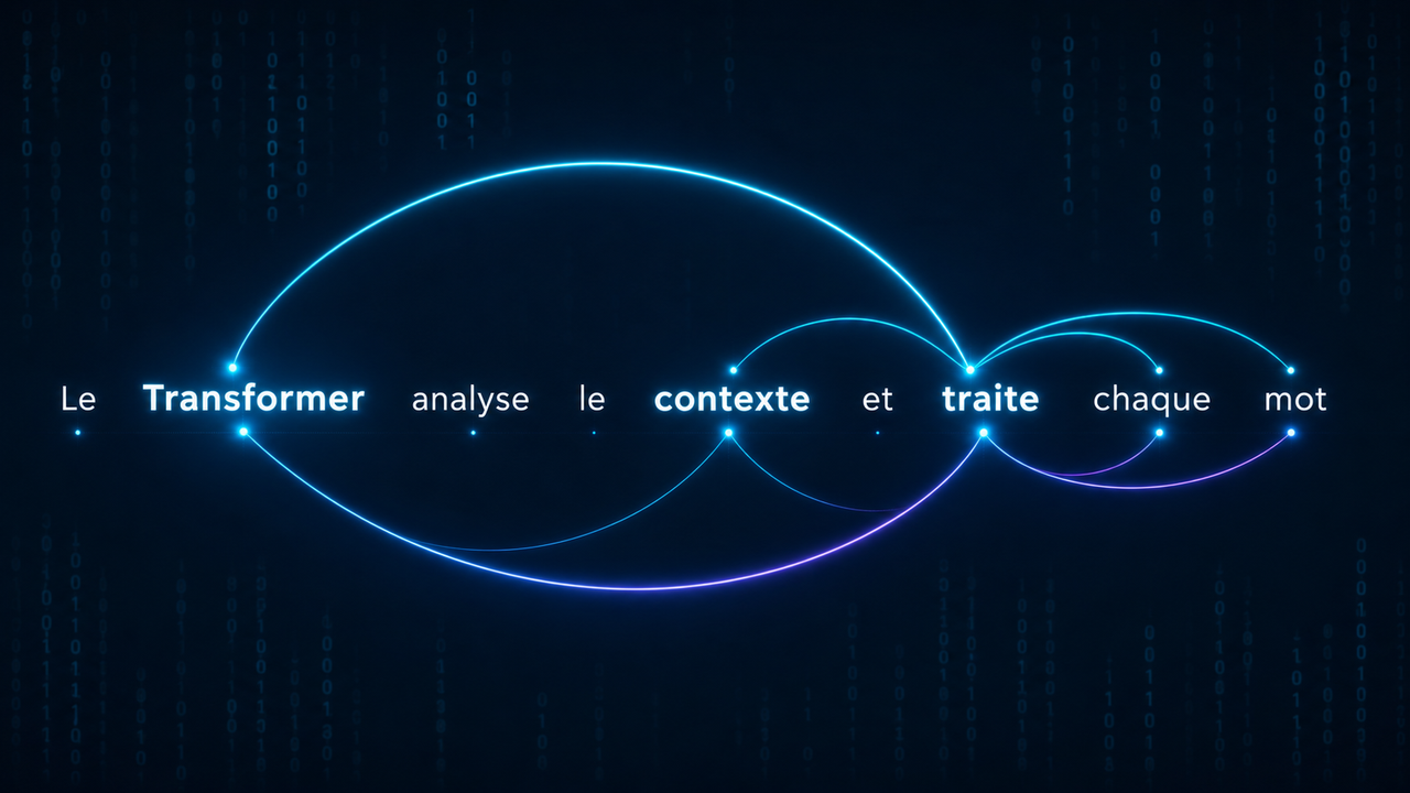 Schéma pédagogique du mécanisme d’attention d’un Transformer reliant des éléments d’une séquence.