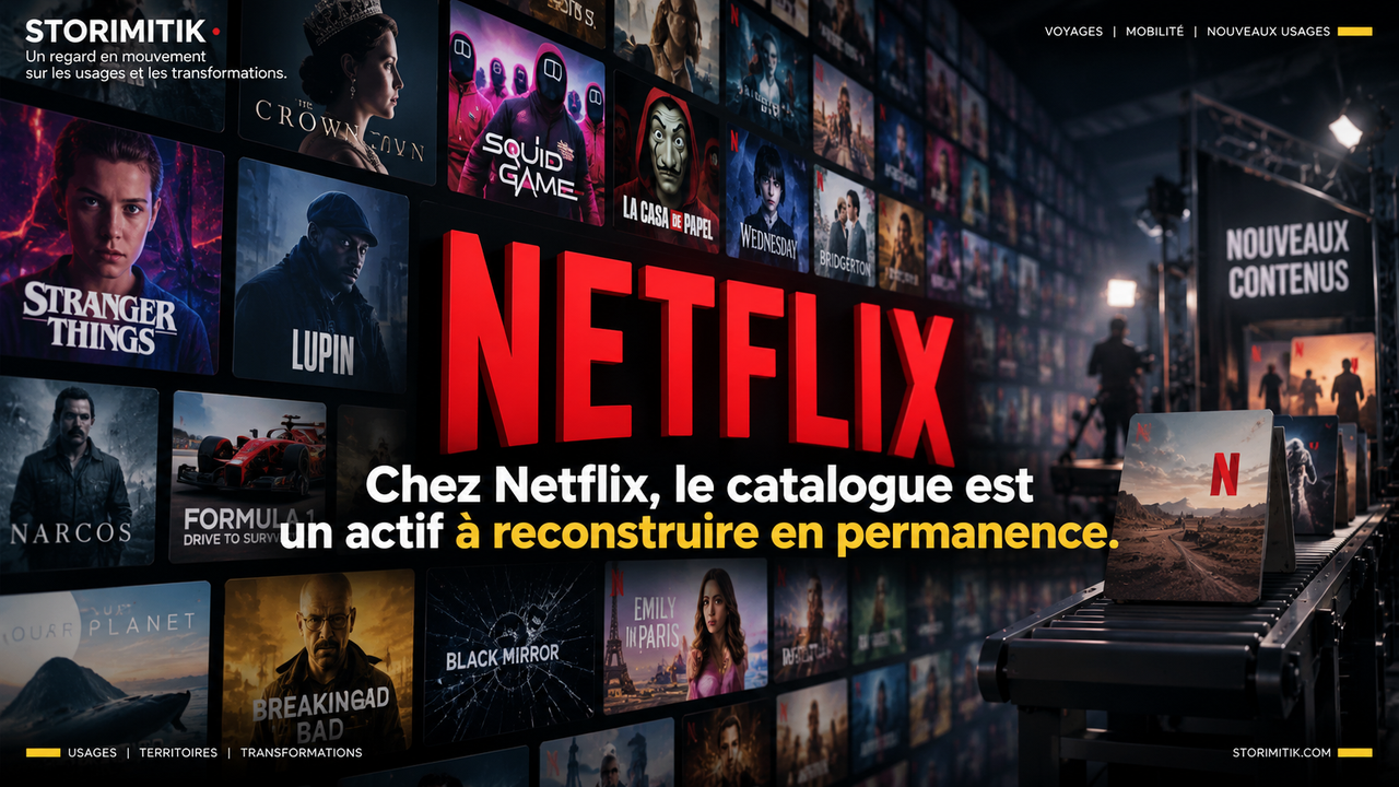 Infographie éditoriale STORIMITIK montrant le catalogue Netflix comme un ensemble de contenus continuellement renouvelé.