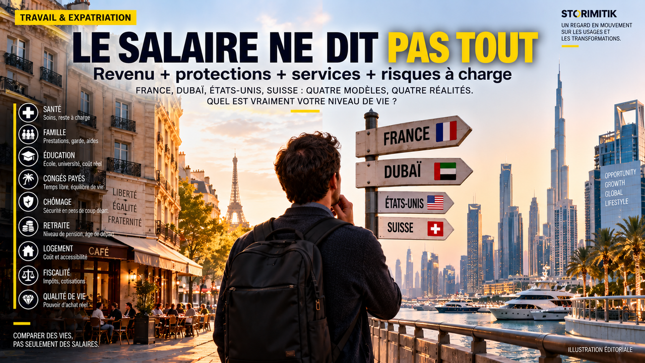 Illustration éditoriale STORIMITIK : un voyageur hésite entre France, Dubaï, États-Unis et Suisse avec la question du salaire, des protections et des services.