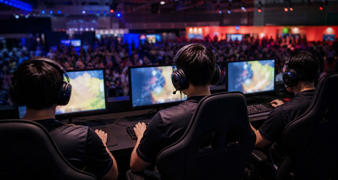 Illustration de trois joueurs de jeu vidéo vus de dos devant leurs écrans, avec un public dans une salle de compétition.