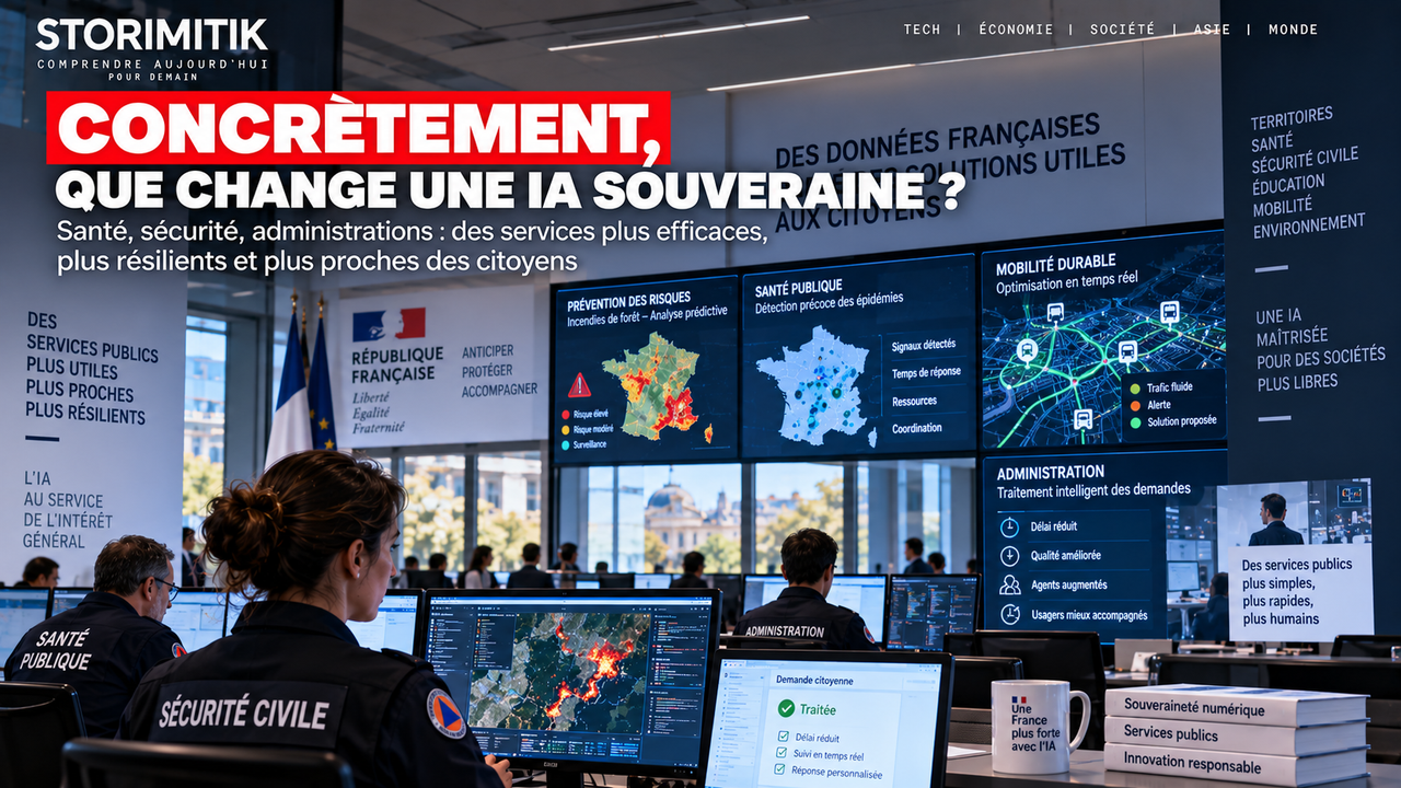 Illustration conceptuelle d’usages potentiels d’une IA maîtrisée par les pouvoirs publics dans la santé, la sécurité civile, la mobilité et l’administration.