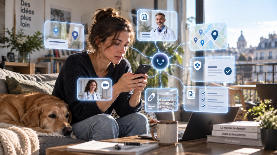Illustration photographique réaliste d’une femme utilisant son smartphone, entourée d’une représentation conceptuelle d’un agent IA reliant médecins, rendez-vous, carte, assurance, pharmacie et documents de santé.