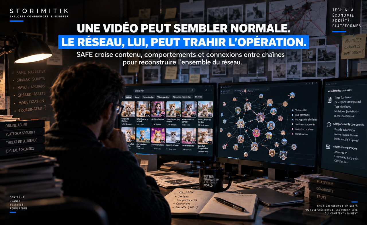Analyste étudiant plusieurs chaînes vidéo et un graphe de connexions dans une scène réaliste de forensic numérique autour de SAFE.