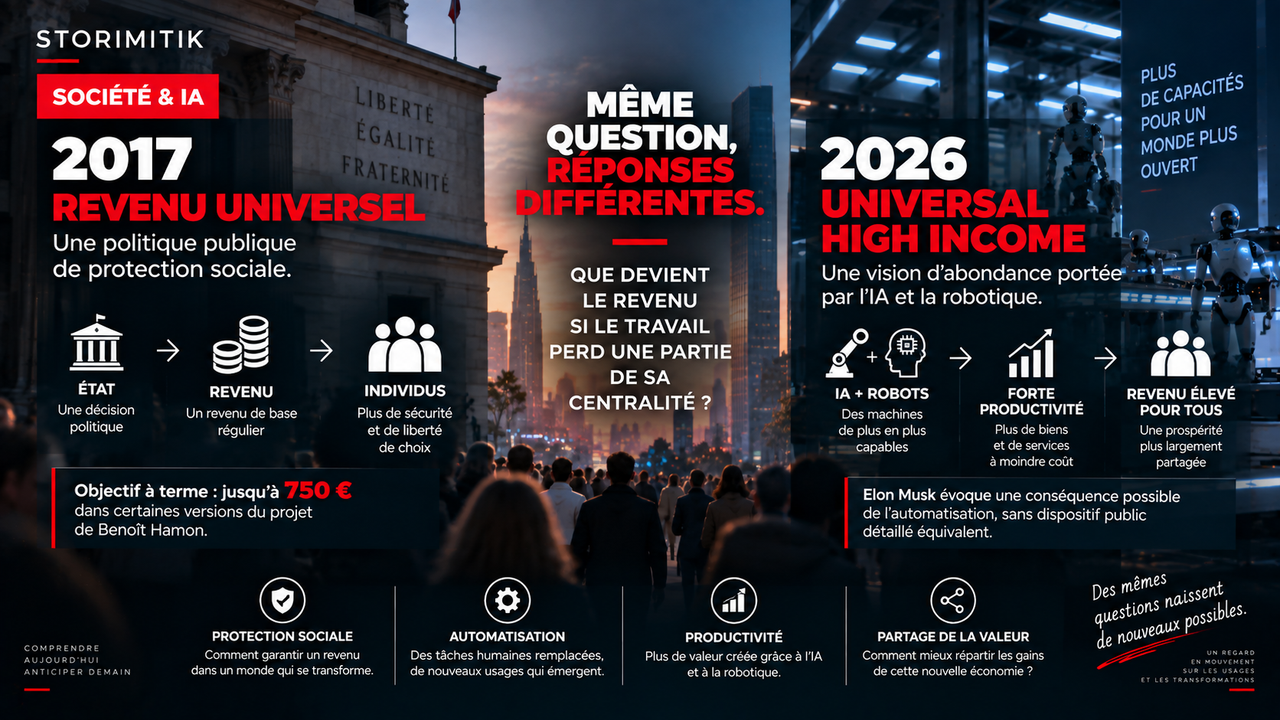 Illustration STORIMITIK comparant le revenu universel proposé par Benoît Hamon en 2017 et le « universal high income » évoqué par Elon Musk en 2026.