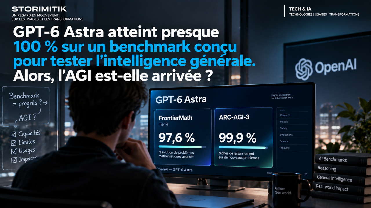 Illustration STORIMITIK sur les scores de GPT-6 Astra à FrontierMath et ARC-AGI-3 et la question de l’intelligence générale.